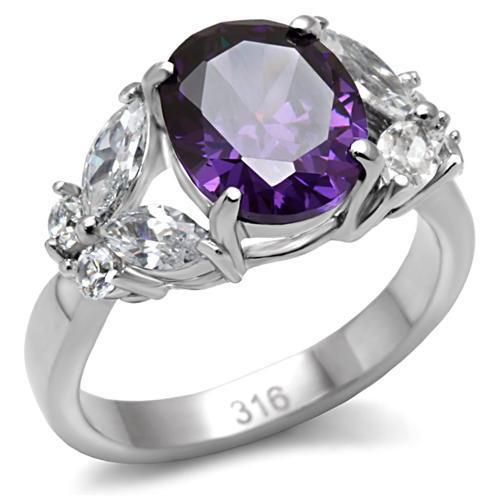 TK086 High Polished Stainless Steel Ring featuring AAA Grade Amethyst CZ, showcasing its elegant design and shiny finish.