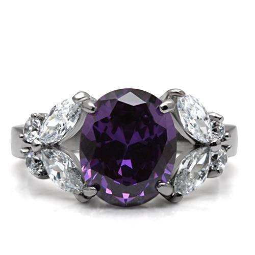 TK086 High Polished Stainless Steel Ring featuring AAA Grade Amethyst CZ, showcasing its elegant design and shiny finish.