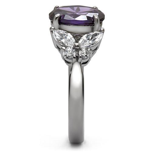 TK086 High Polished Stainless Steel Ring featuring AAA Grade Amethyst CZ, showcasing its elegant design and shiny finish.