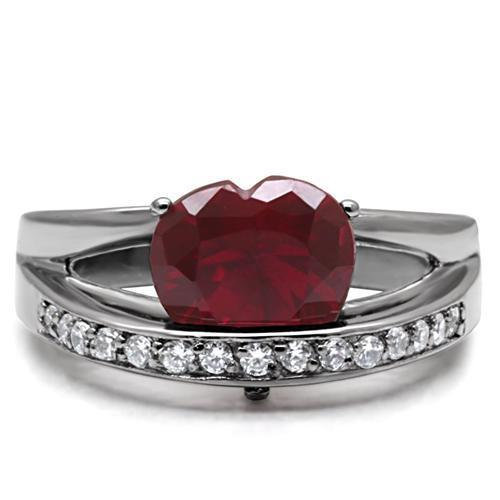 TK089 High Polished Stainless Steel Ring featuring AAA Grade CZ in Ruby color, showcasing its elegant design and shiny finish.