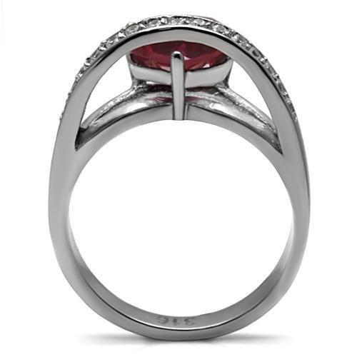 TK089 High Polished Stainless Steel Ring featuring AAA Grade CZ in Ruby color, showcasing its elegant design and shiny finish.