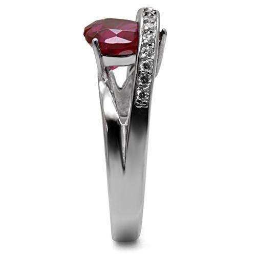 TK089 High Polished Stainless Steel Ring featuring AAA Grade CZ in Ruby color, showcasing its elegant design and shiny finish.