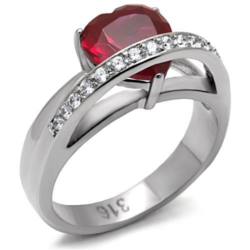 TK089 High Polished Stainless Steel Ring featuring AAA Grade CZ in Ruby color, showcasing its elegant design and shiny finish.