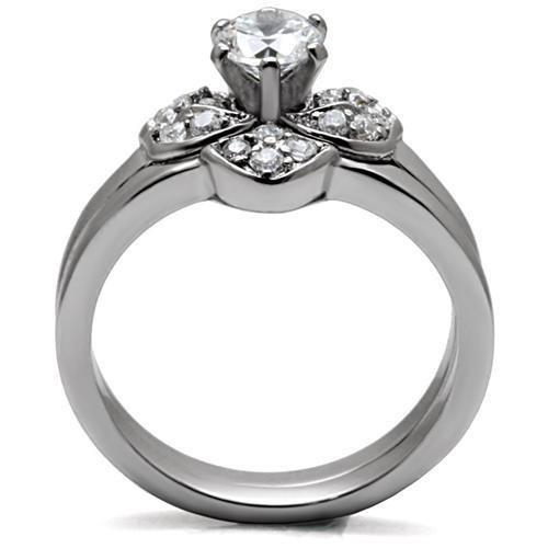 TK099 High Polished Stainless Steel Ring featuring a clear AAA Grade CZ center stone, showcasing its elegant design and shiny finish.