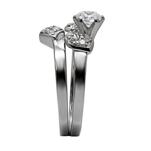 TK099 High Polished Stainless Steel Ring featuring a clear AAA Grade CZ center stone, showcasing its elegant design and shiny finish.