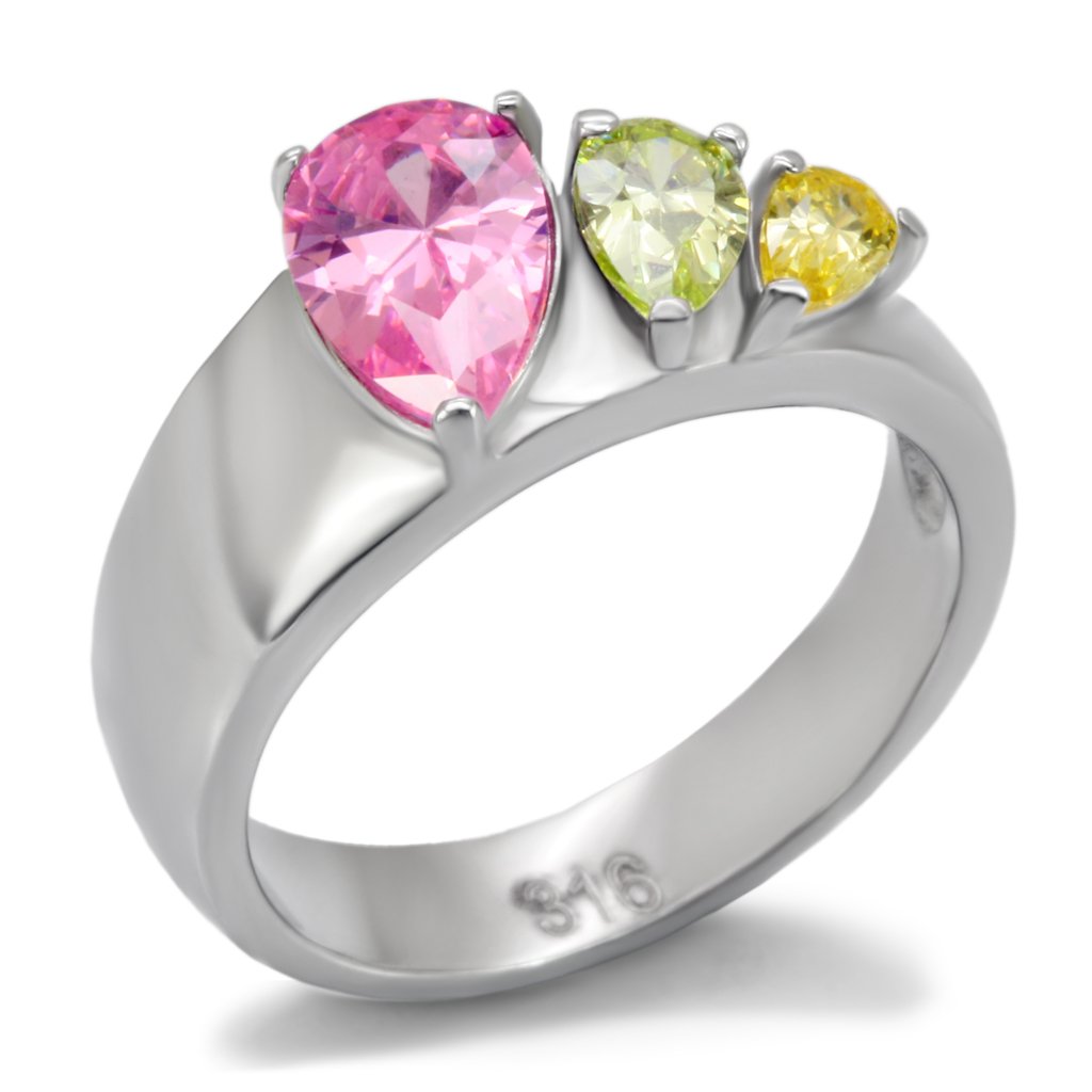 TK091 High Polished Stainless Steel Ring featuring a multi-color AAA Grade CZ stone, showcasing a sleek and shiny finish.