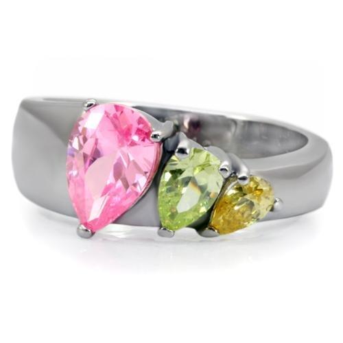 TK091 High Polished Stainless Steel Ring featuring a multi-color AAA Grade CZ stone, showcasing a sleek and shiny finish.