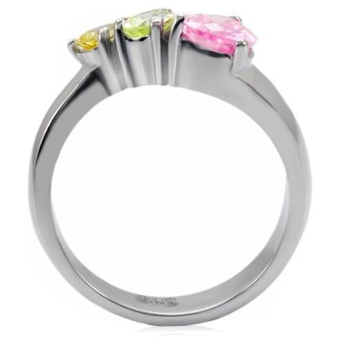 TK091 High Polished Stainless Steel Ring featuring a multi-color AAA Grade CZ stone, showcasing a sleek and shiny finish.