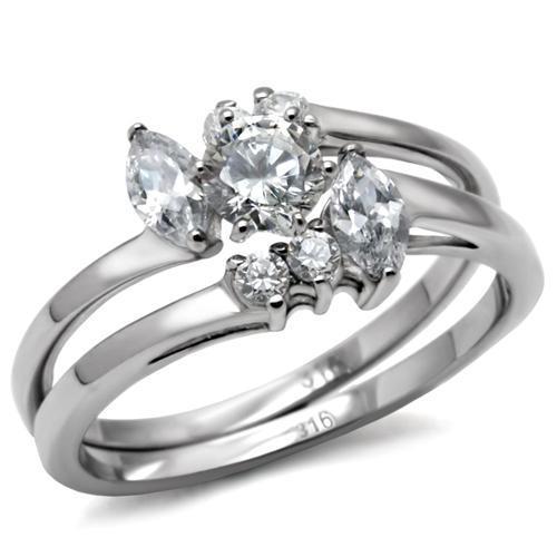 TK096 High Polished Stainless Steel Ring featuring a clear AAA Grade CZ center stone, showcasing a brilliant shine.