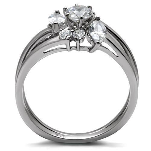 TK096 High Polished Stainless Steel Ring featuring a clear AAA Grade CZ center stone, showcasing a brilliant shine.