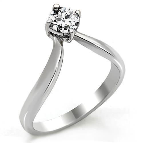 High polished stainless steel ring featuring a clear AAA grade cubic zirconia stone, showcasing a brilliant shine.