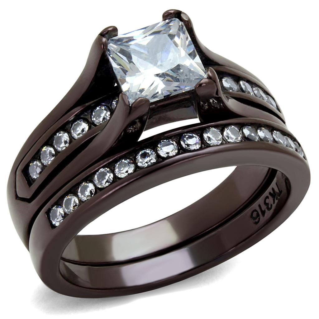 TK0W383DC IP Dark Brown Stainless Steel Ring featuring a clear AAA Grade CZ stone, showcasing its elegant design and durable material.