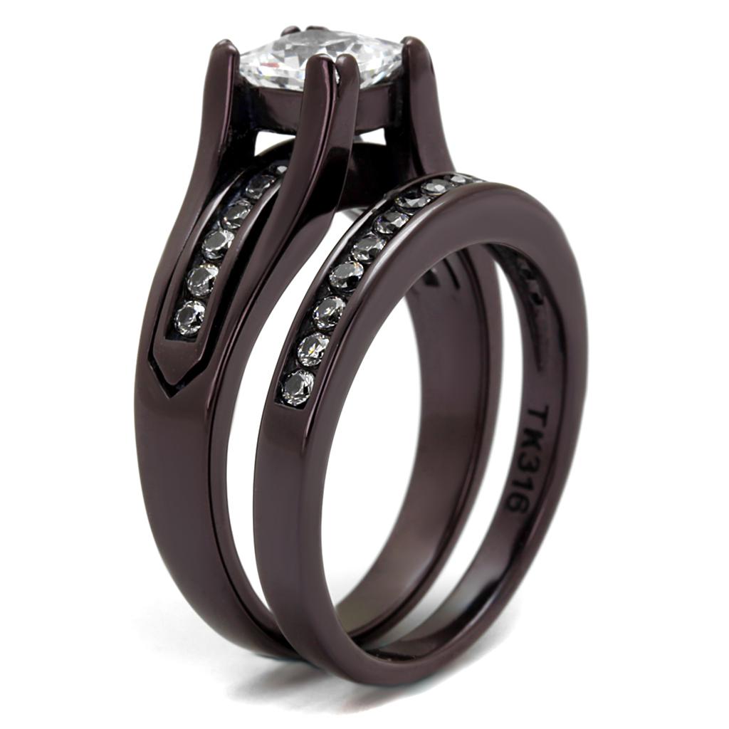 TK0W383DC IP Dark Brown Stainless Steel Ring featuring a clear AAA Grade CZ stone, showcasing its elegant design and durable material.