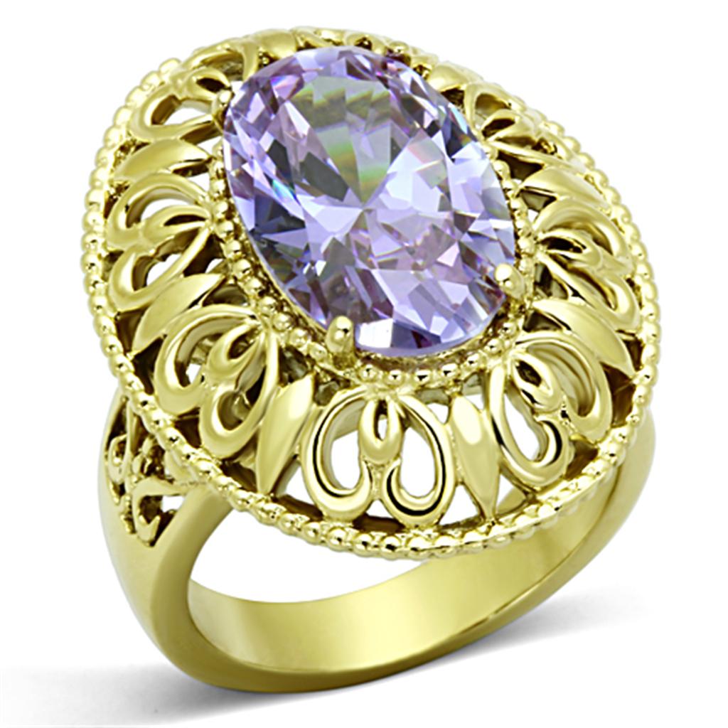 TK1110 IP Gold Stainless Steel Ring featuring a light amethyst AAA Grade CZ stone, showcasing its elegant design and luxurious finish.