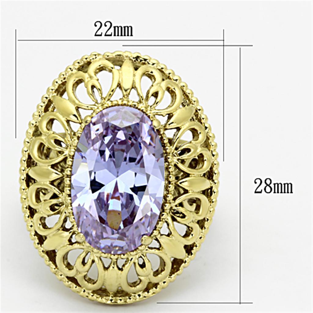 TK1110 IP Gold Stainless Steel Ring featuring a light amethyst AAA Grade CZ stone, showcasing its elegant design and luxurious finish.