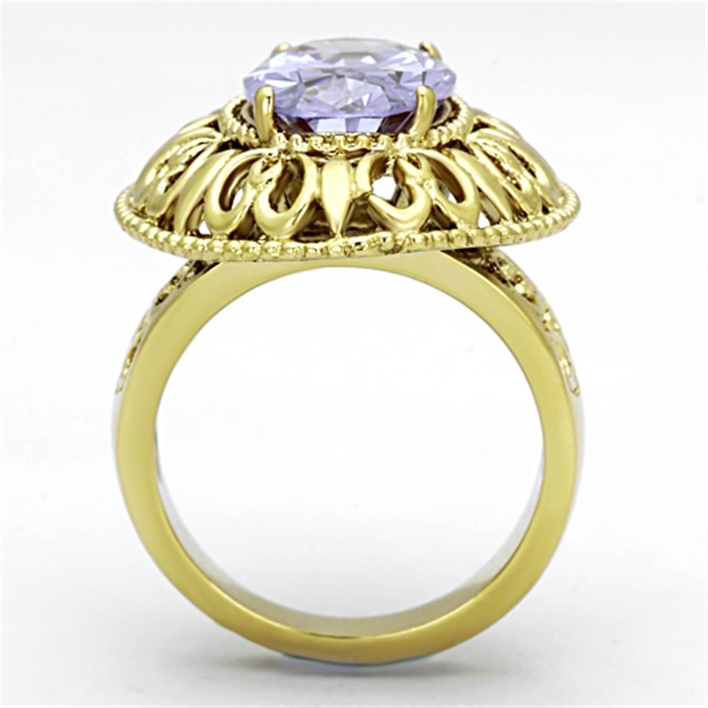 TK1110 IP Gold Stainless Steel Ring featuring a light amethyst AAA Grade CZ stone, showcasing its elegant design and luxurious finish.