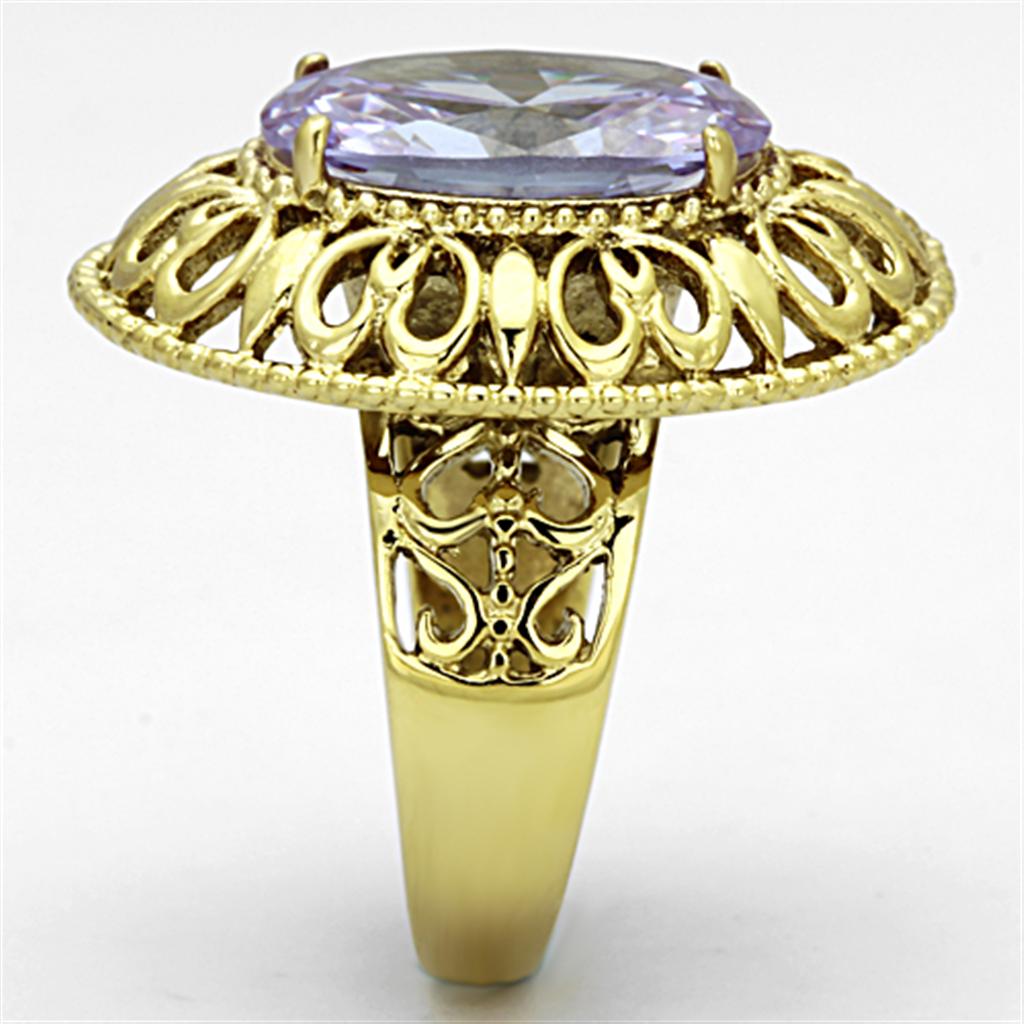 TK1110 IP Gold Stainless Steel Ring featuring a light amethyst AAA Grade CZ stone, showcasing its elegant design and luxurious finish.