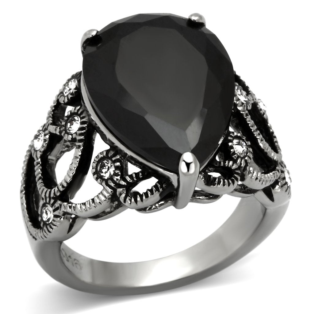 TK1017 High Polished Stainless Steel Ring featuring a jet-colored AAA Grade CZ center stone, showcasing a sleek and modern design.