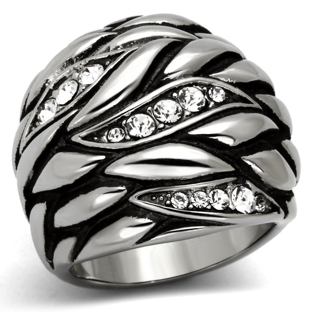 TK1020 High polished stainless steel ring featuring a clear top-grade crystal centerpiece, showcasing its elegant design.