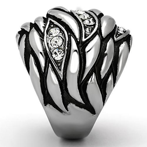 TK1020 High polished stainless steel ring featuring a clear top-grade crystal centerpiece, showcasing its elegant design.