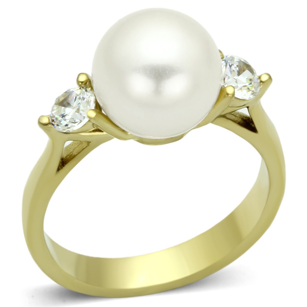 TK1103 IP Gold Stainless Steel Ring featuring a white synthetic pearl centerpiece, showcasing its elegant design and luxurious finish.