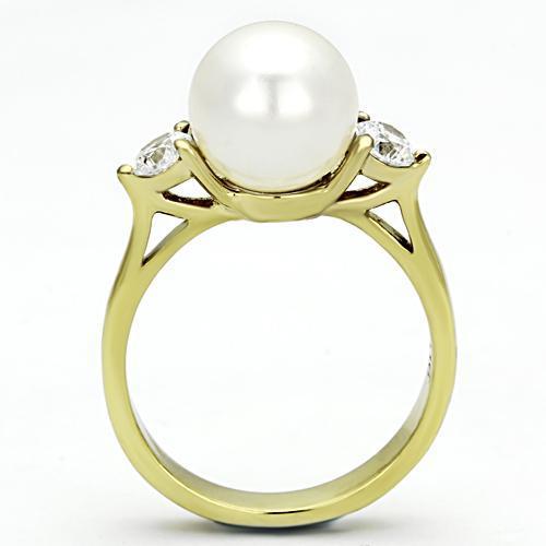 TK1103 IP Gold Stainless Steel Ring featuring a white synthetic pearl centerpiece, showcasing its elegant design and luxurious finish.