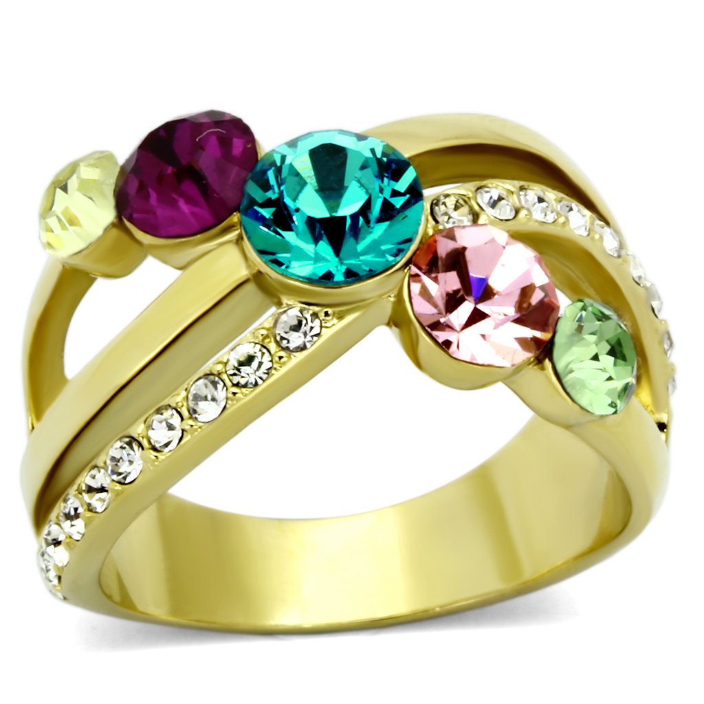 TK1031 IP Gold Stainless Steel Ring featuring a multi-color top-grade crystal, showcasing its elegant design and luxurious finish.