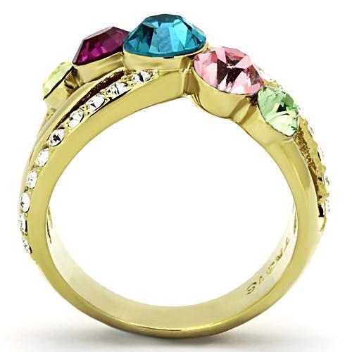 TK1031 IP Gold Stainless Steel Ring featuring a multi-color top-grade crystal, showcasing its elegant design and luxurious finish.