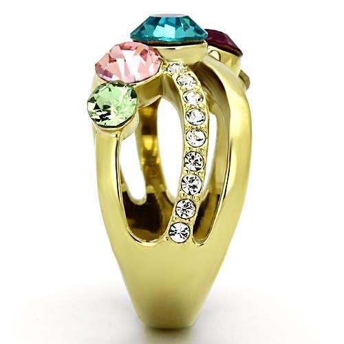 TK1031 IP Gold Stainless Steel Ring featuring a multi-color top-grade crystal, showcasing its elegant design and luxurious finish.