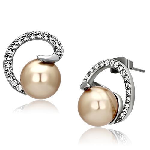 TK1041 high polished stainless steel earrings featuring a brown synthetic pearl center stone, elegantly designed for everyday wear.