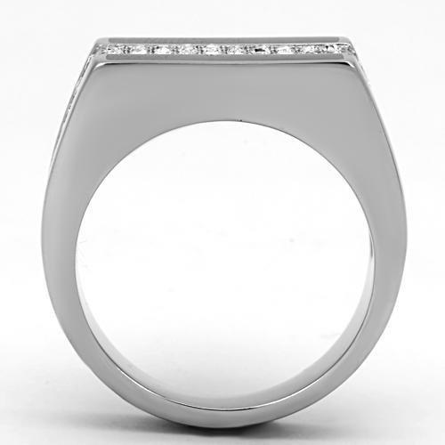 TK1048 High Polished Stainless Steel Ring featuring a clear top grade crystal centerpiece, showcasing a sleek and modern design.