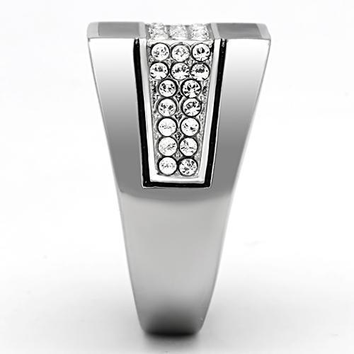 TK1048 High Polished Stainless Steel Ring featuring a clear top grade crystal centerpiece, showcasing a sleek and modern design.