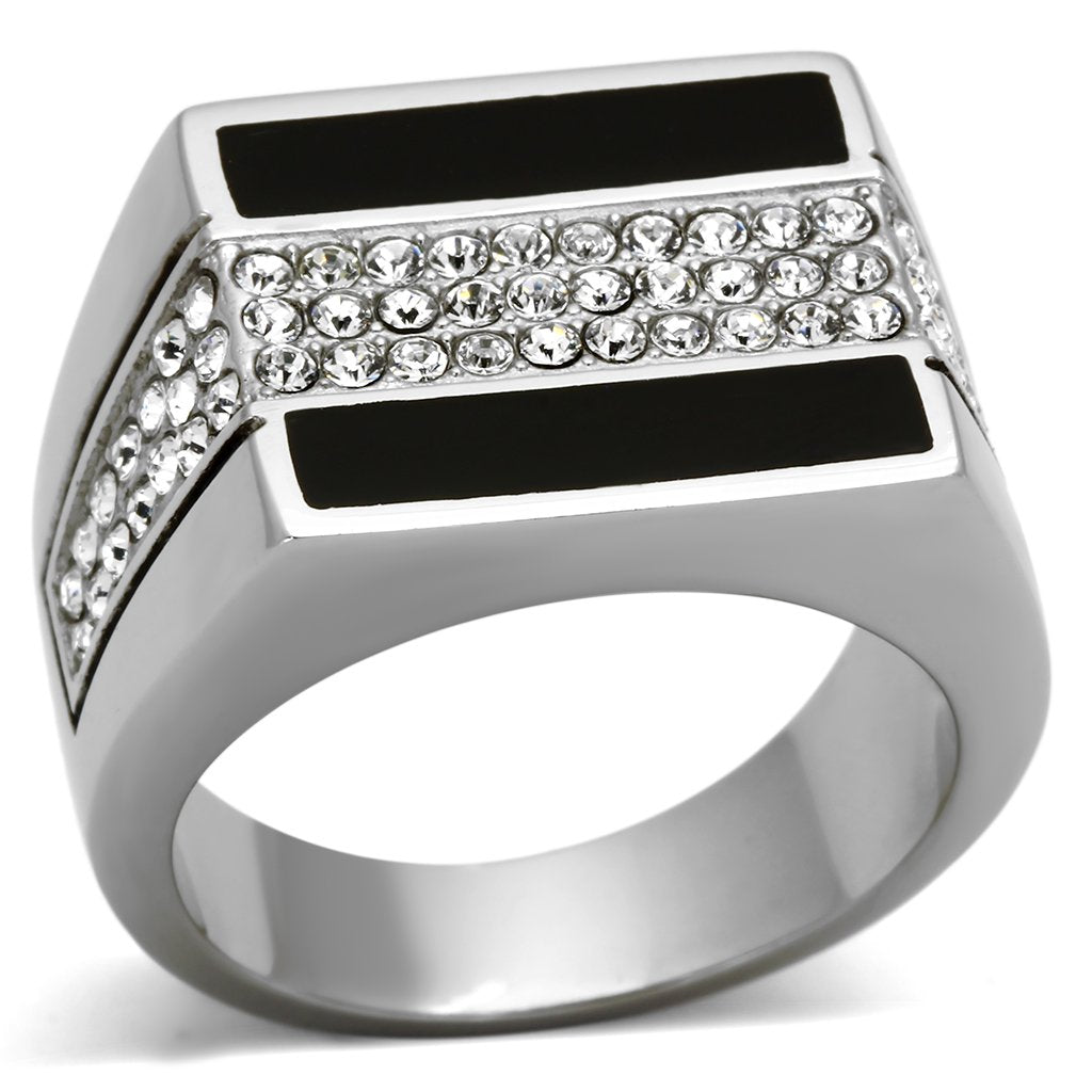 TK1048 High Polished Stainless Steel Ring featuring a clear top grade crystal centerpiece, showcasing a sleek and modern design.