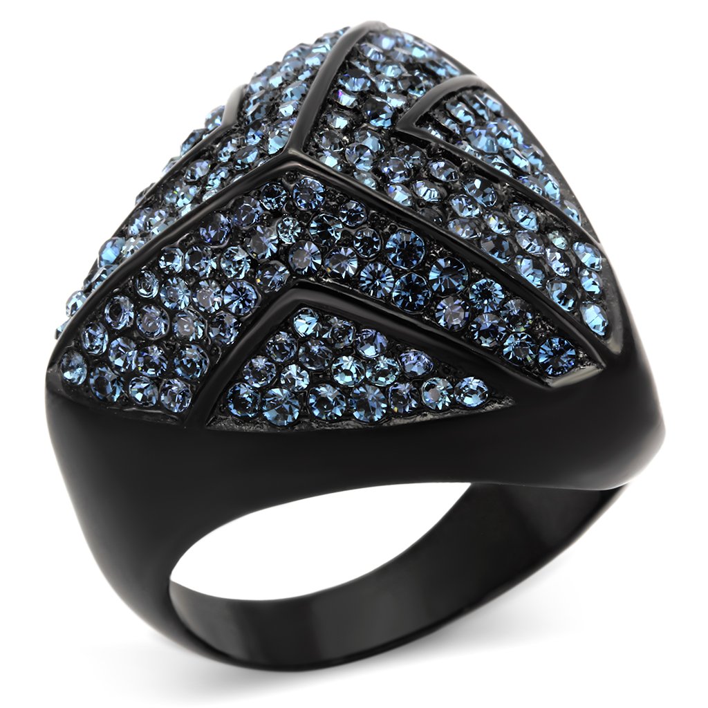 TK1005 IP Black Stainless Steel Ring featuring a top-grade Montana crystal centerpiece, showcasing a sleek and modern design.