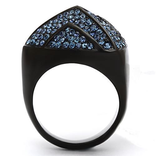 TK1005 IP Black Stainless Steel Ring featuring a top-grade Montana crystal centerpiece, showcasing a sleek and modern design.