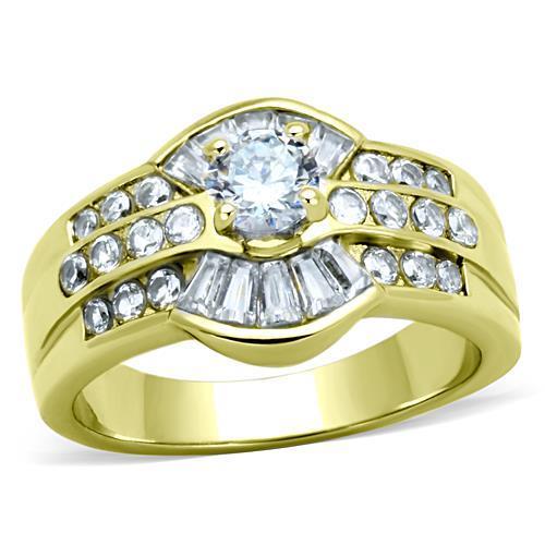 TK10528G IP Gold Stainless Steel Ring featuring a clear AAA Grade CZ stone, showcasing its elegant design and luxurious finish.