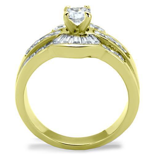 TK10528G IP Gold Stainless Steel Ring featuring a clear AAA Grade CZ stone, showcasing its elegant design and luxurious finish.