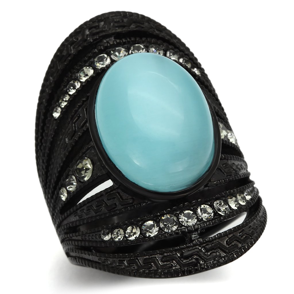 TK1006 IP Black Stainless Steel Ring featuring a synthetic sea blue cat eye stone, showcasing its elegant design and modern finish.