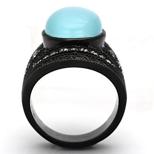 TK1006 IP Black Stainless Steel Ring featuring a synthetic sea blue cat eye stone, showcasing its elegant design and modern finish.