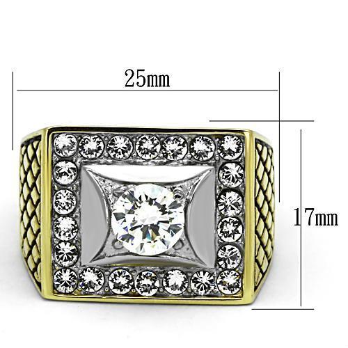 TK1061 Two-Tone IP Gold Stainless Steel Ring featuring a clear AAA grade CZ stone, showcasing a luxurious and elegant design.