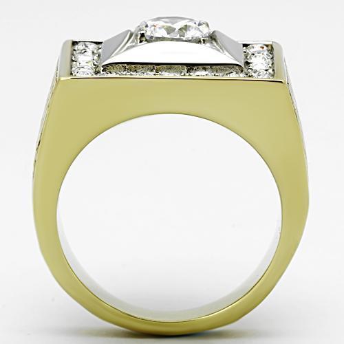 TK1061 Two-Tone IP Gold Stainless Steel Ring featuring a clear AAA grade CZ stone, showcasing a luxurious and elegant design.