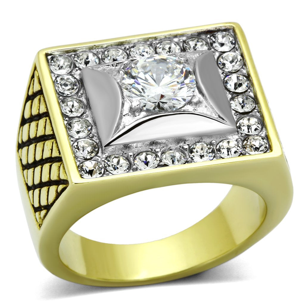 TK1061 Two-Tone IP Gold Stainless Steel Ring featuring a clear AAA grade CZ stone, showcasing a luxurious and elegant design.