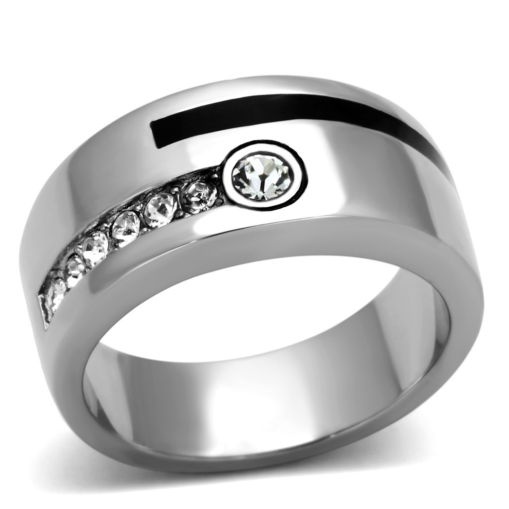 High polished stainless steel ring featuring a clear top grade crystal, showcasing a sleek and modern design.