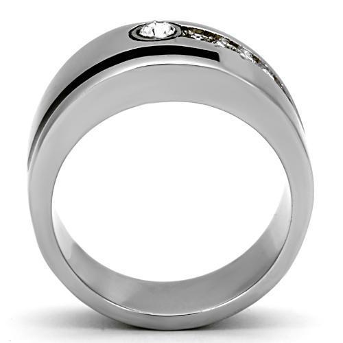 High polished stainless steel ring featuring a clear top grade crystal, showcasing a sleek and modern design.