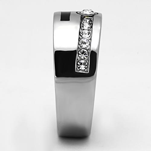 High polished stainless steel ring featuring a clear top grade crystal, showcasing a sleek and modern design.