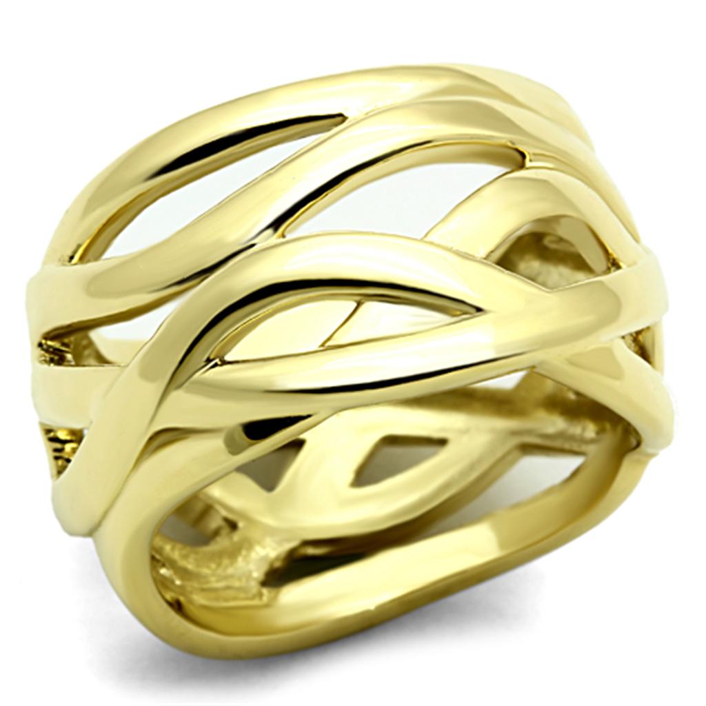 TK1107 IP Gold Stainless Steel Ring with a sleek design, featuring a shiny ion plating finish and no center stone.