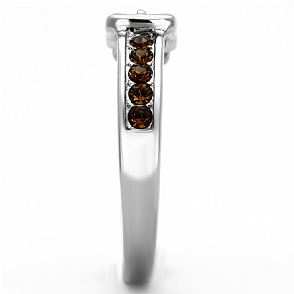 High polished stainless steel ring featuring a top grade smoked quartz crystal, showcasing a sleek and elegant design.