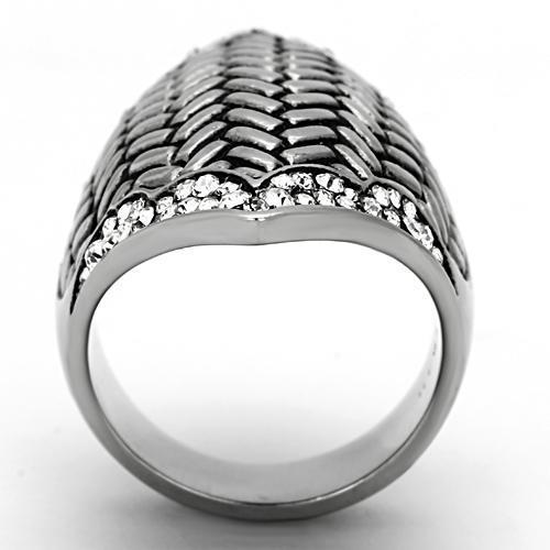 TK1009 High Polished Stainless Steel Ring featuring a clear top-grade crystal centerpiece, showcasing its elegant design and shine.