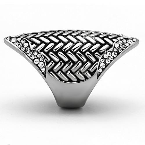 TK1009 High Polished Stainless Steel Ring featuring a clear top-grade crystal centerpiece, showcasing its elegant design and shine.