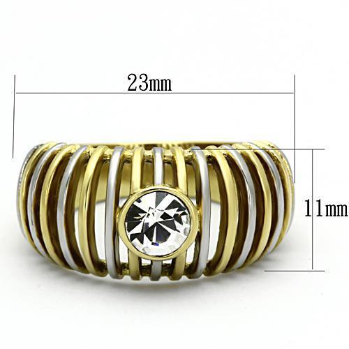 TK1095 Two-Tone IP Gold Stainless Steel Ring featuring a clear top-grade crystal, showcasing its elegant design and durable material.